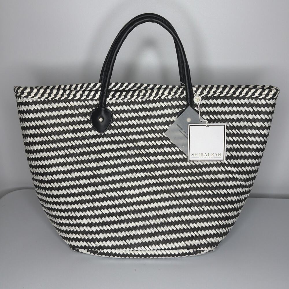 SHIRALEAH Chicago Black White StripesLarge Braided Straw Tessa Tote NWT READ